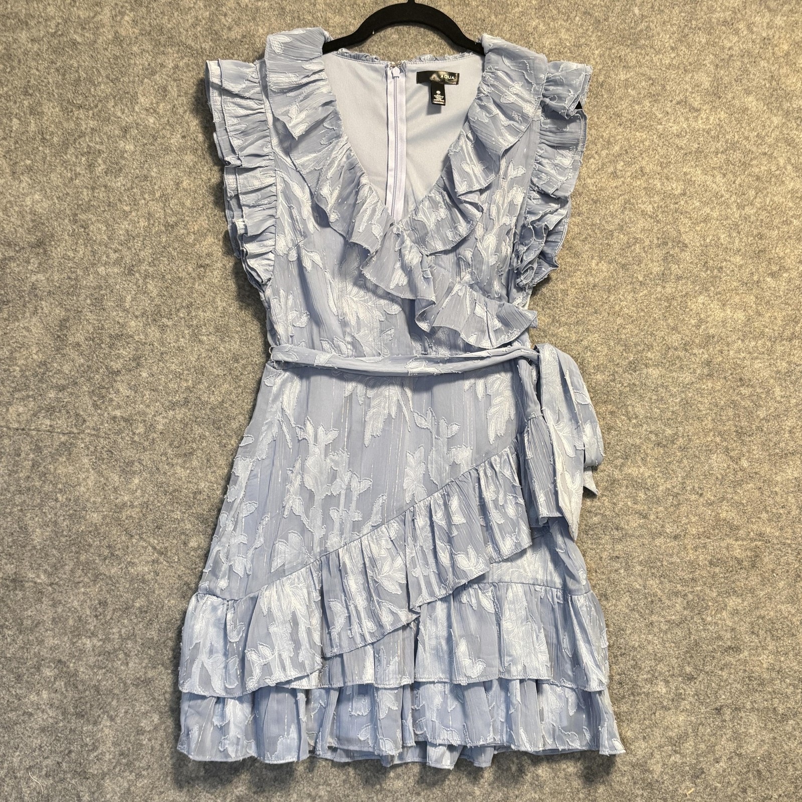 Aqua Dress Womens Size Xs Blue Floral Jacquard Ruffle Wrap Belted Tiered Mini